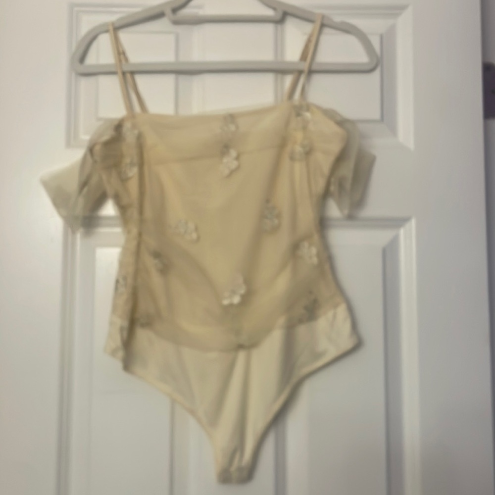 Tan butterfly off the shoulder bodysuit